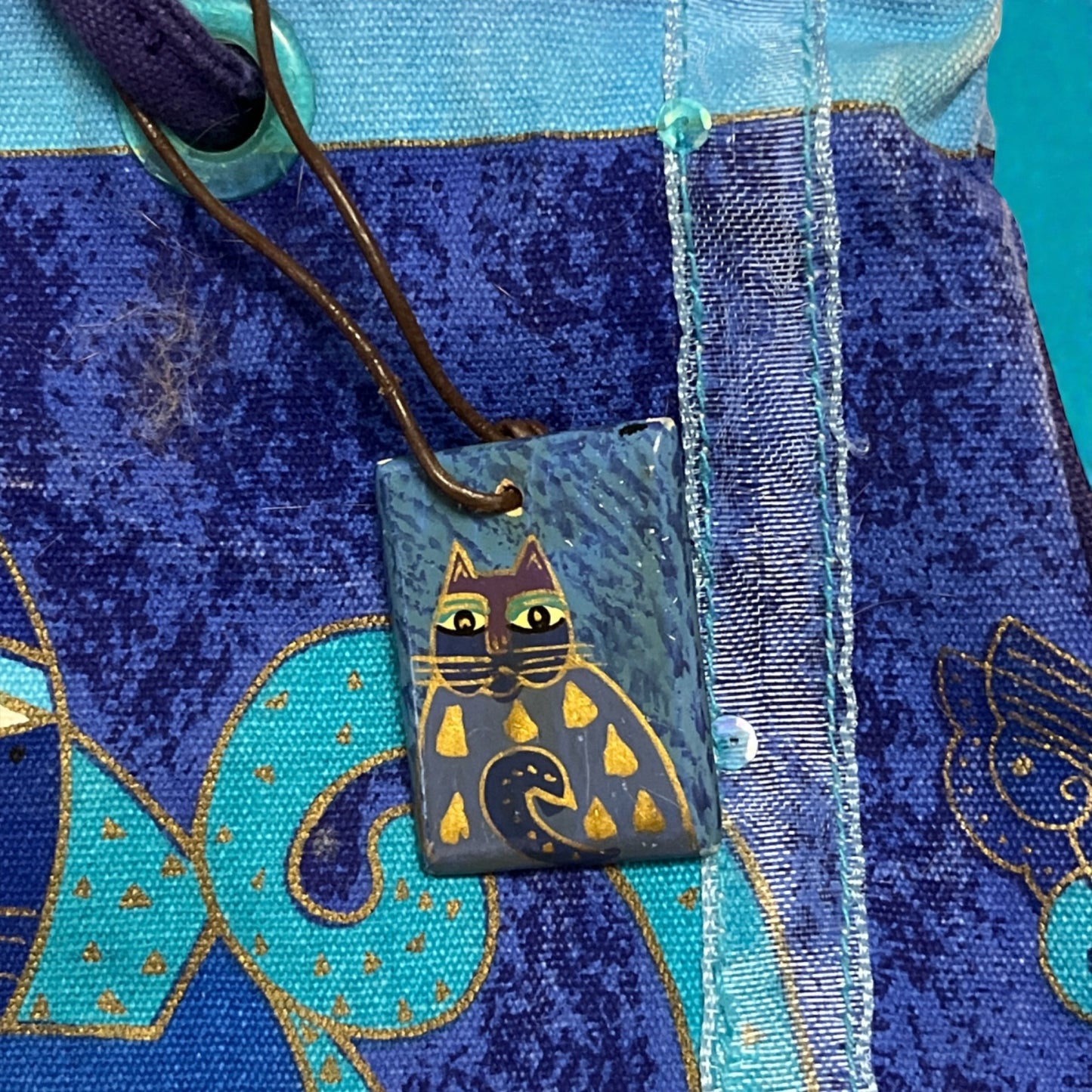 Laurel Burch Blue Cat Tote Bag Canvas Shoulder Bag Sequins Art Purse