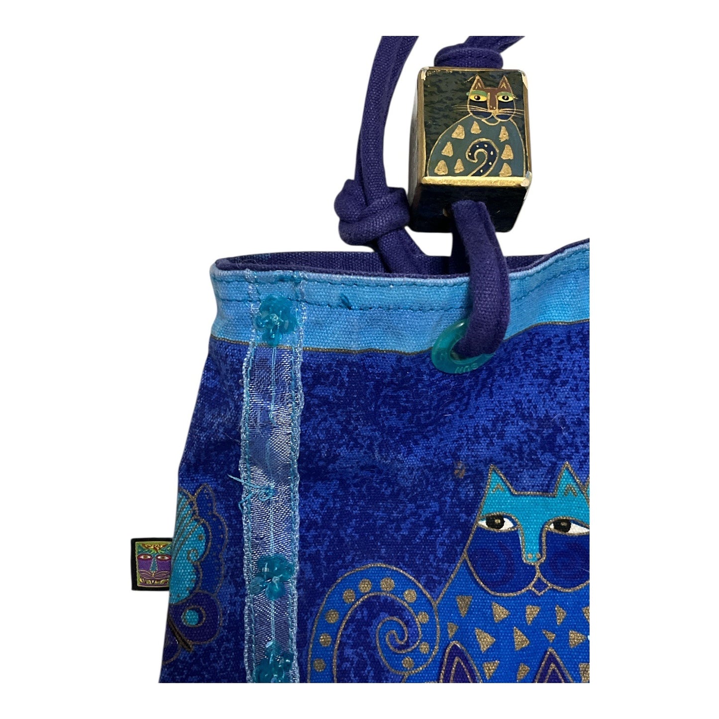 Laurel Burch Blue Cat Tote Bag Canvas Shoulder Bag Sequins Art Purse