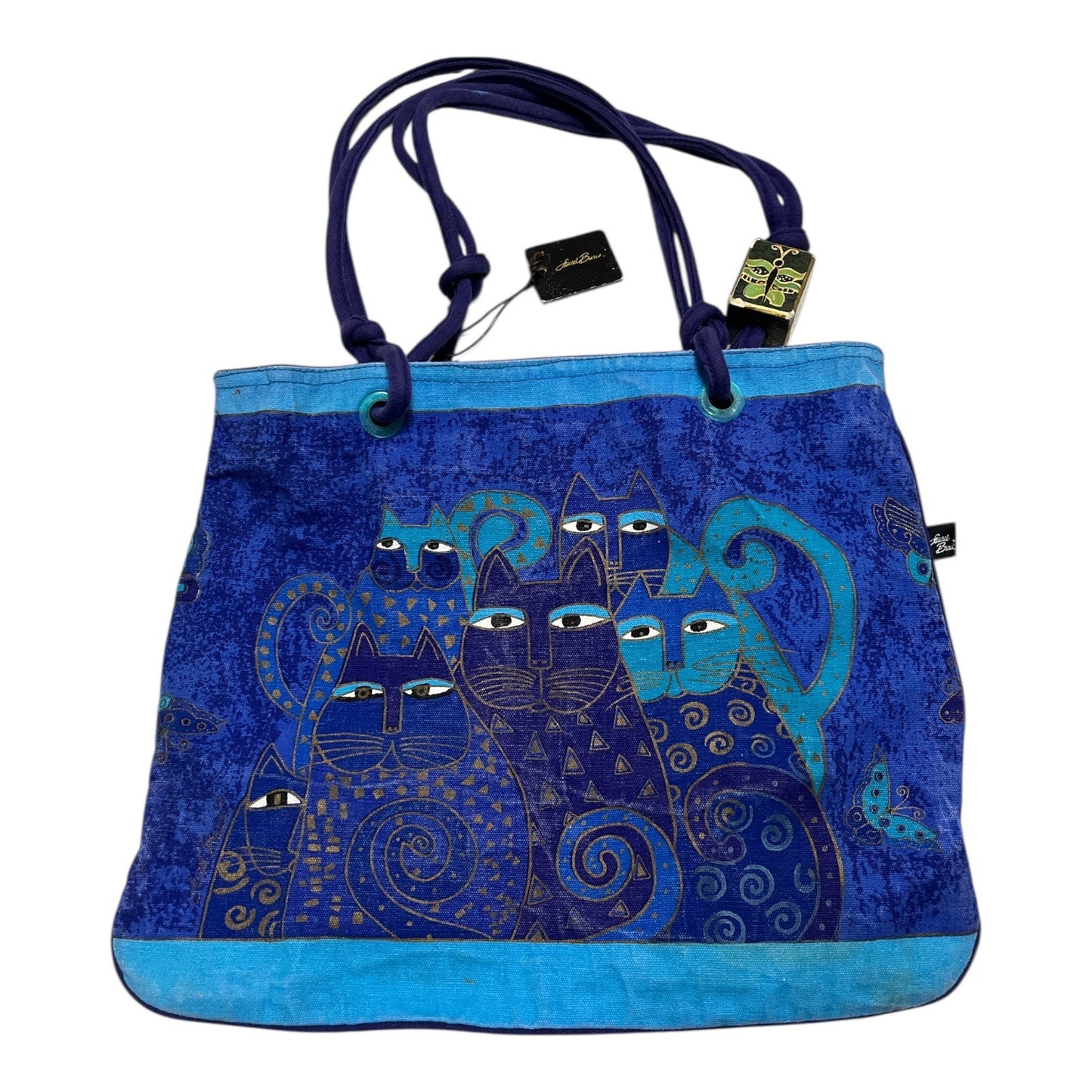 Laurel Burch Blue Cat Tote Bag Canvas Shoulder Bag Sequins Art Purse
