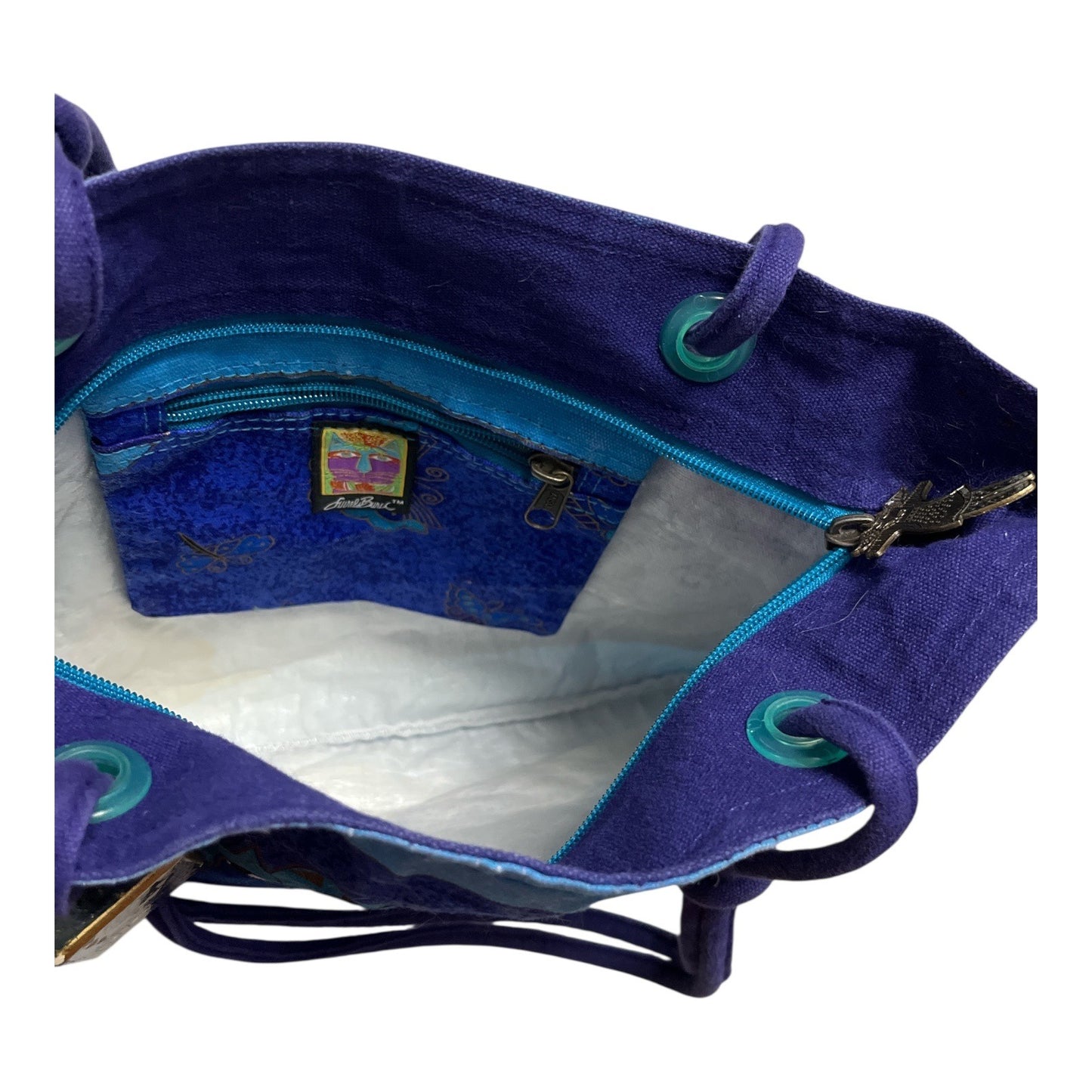 Laurel Burch Blue Cat Tote Bag Canvas Shoulder Bag Sequins Art Purse