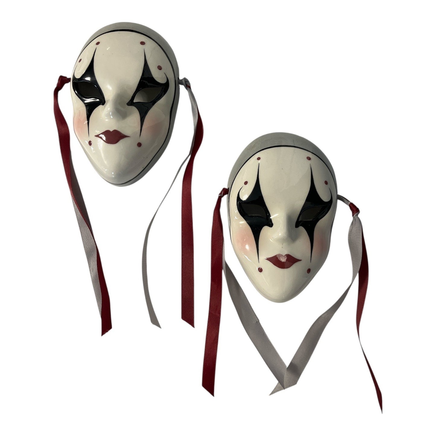 Vintage Pierrot Style Ceramic Wall Masks Pair Hand Painted c.1987 Harlequin Clown Masks