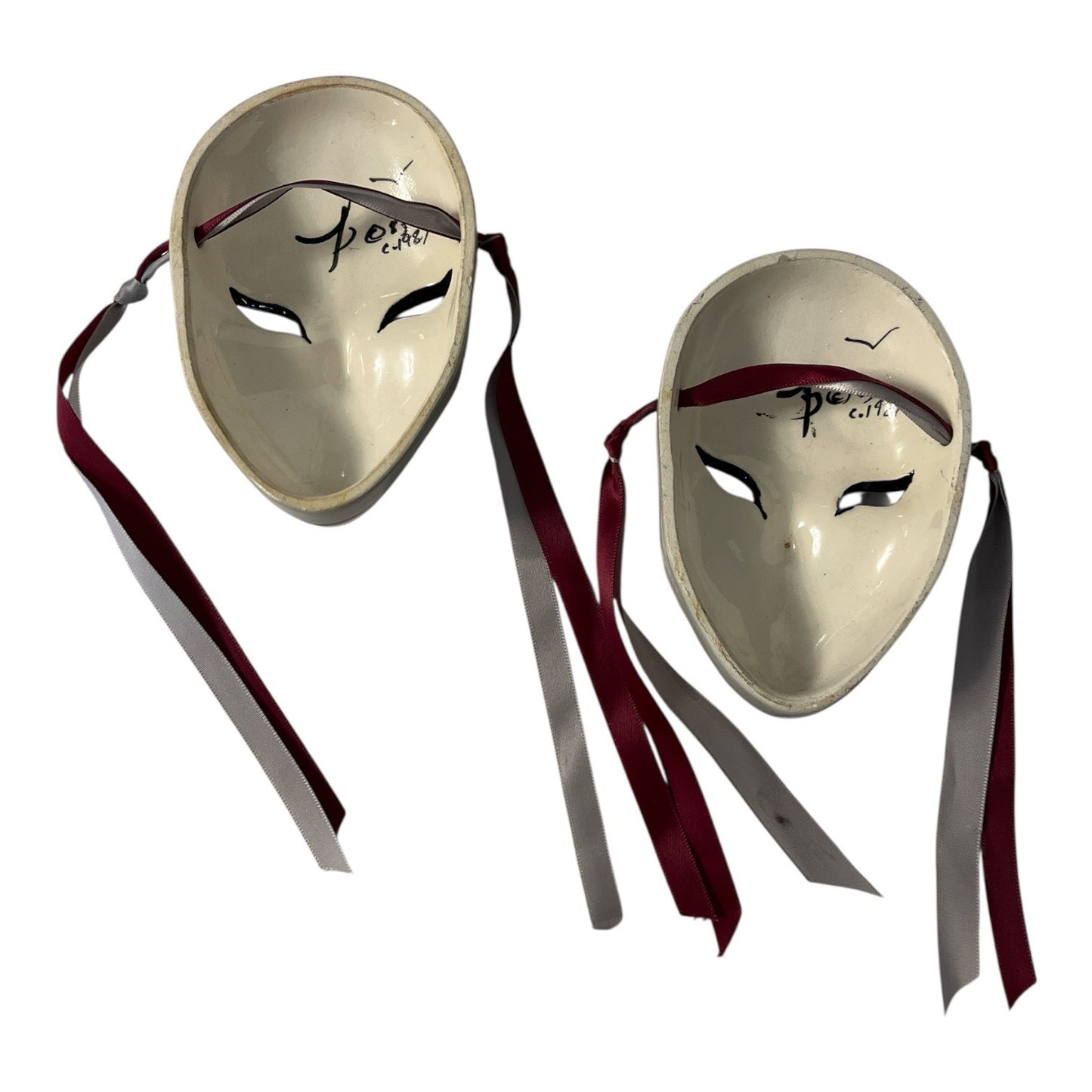 Vintage Pierrot Style Ceramic Wall Masks Pair Hand Painted c.1987 Harlequin Clown Masks