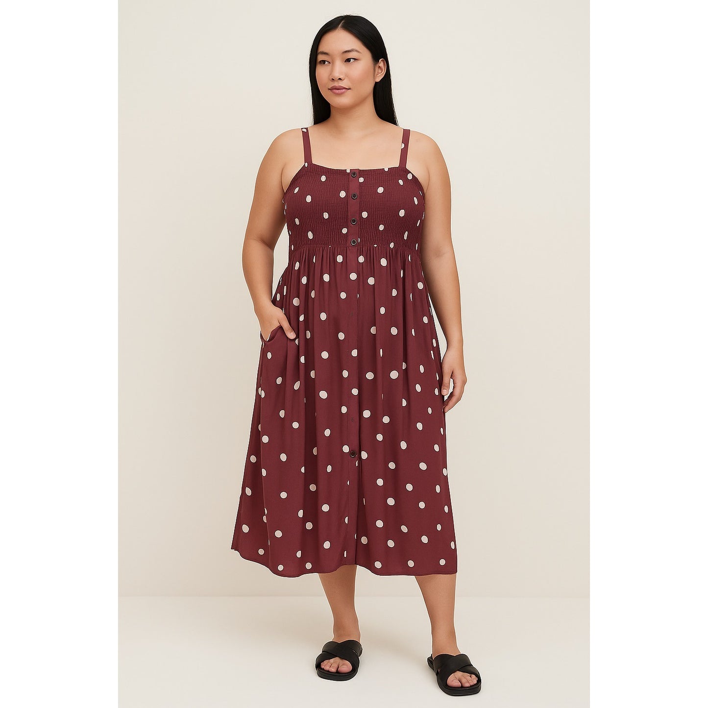 Torrid Women’s Size 1 Maroon Polka Dot Sleeveless Midi Dress with Smocked Bodice