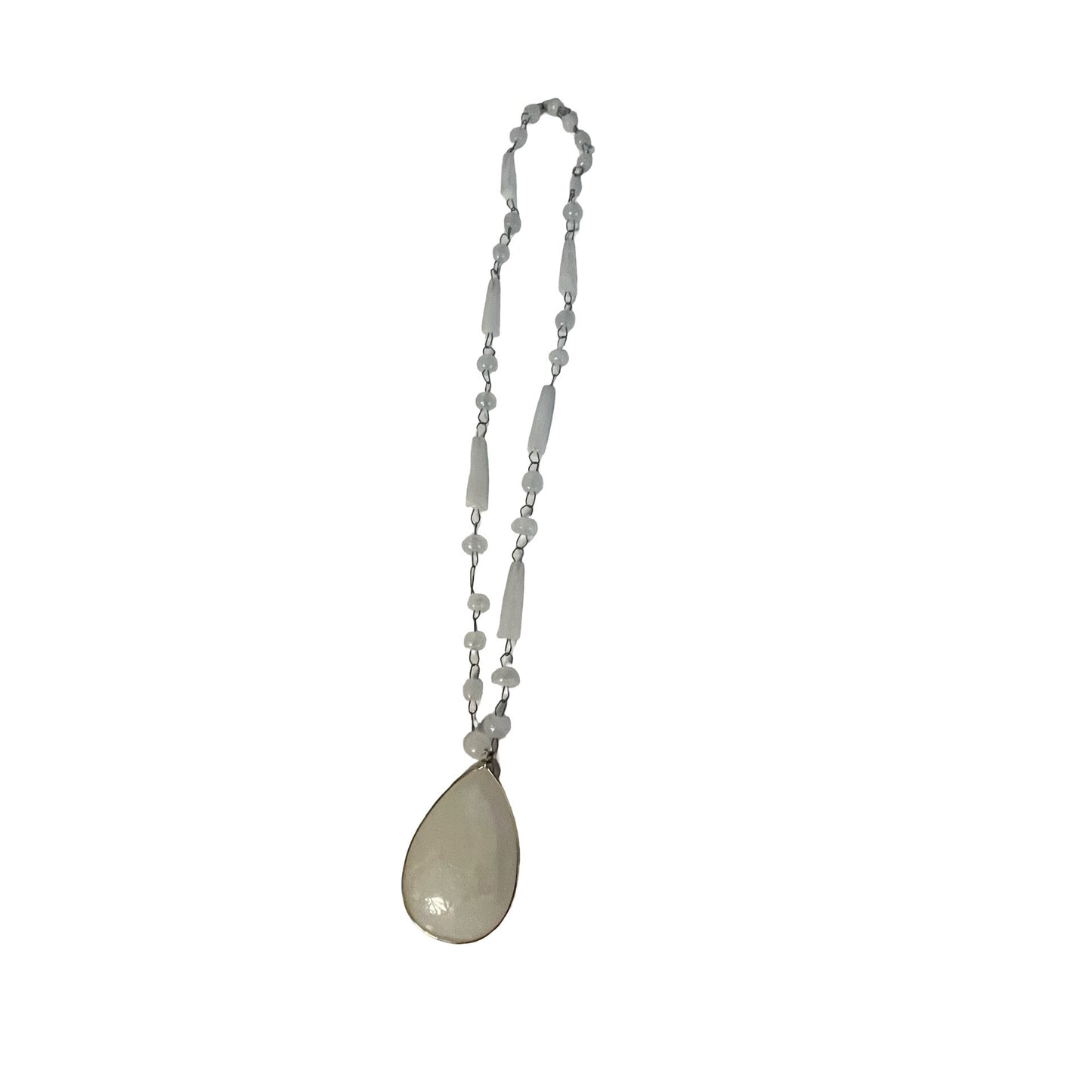 Vintage Beaded Necklace White Stone Glass Teardrop Pendant Sun Face Etched 22”