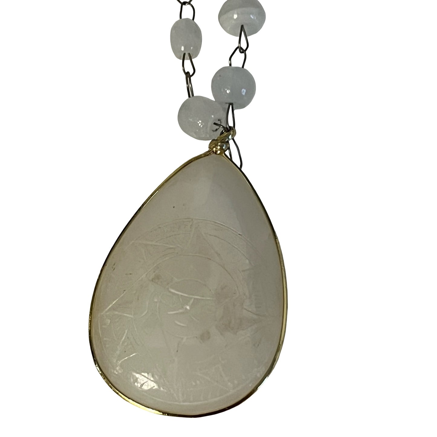 Vintage Beaded Necklace White Stone Glass Teardrop Pendant Sun Face Etched 22”