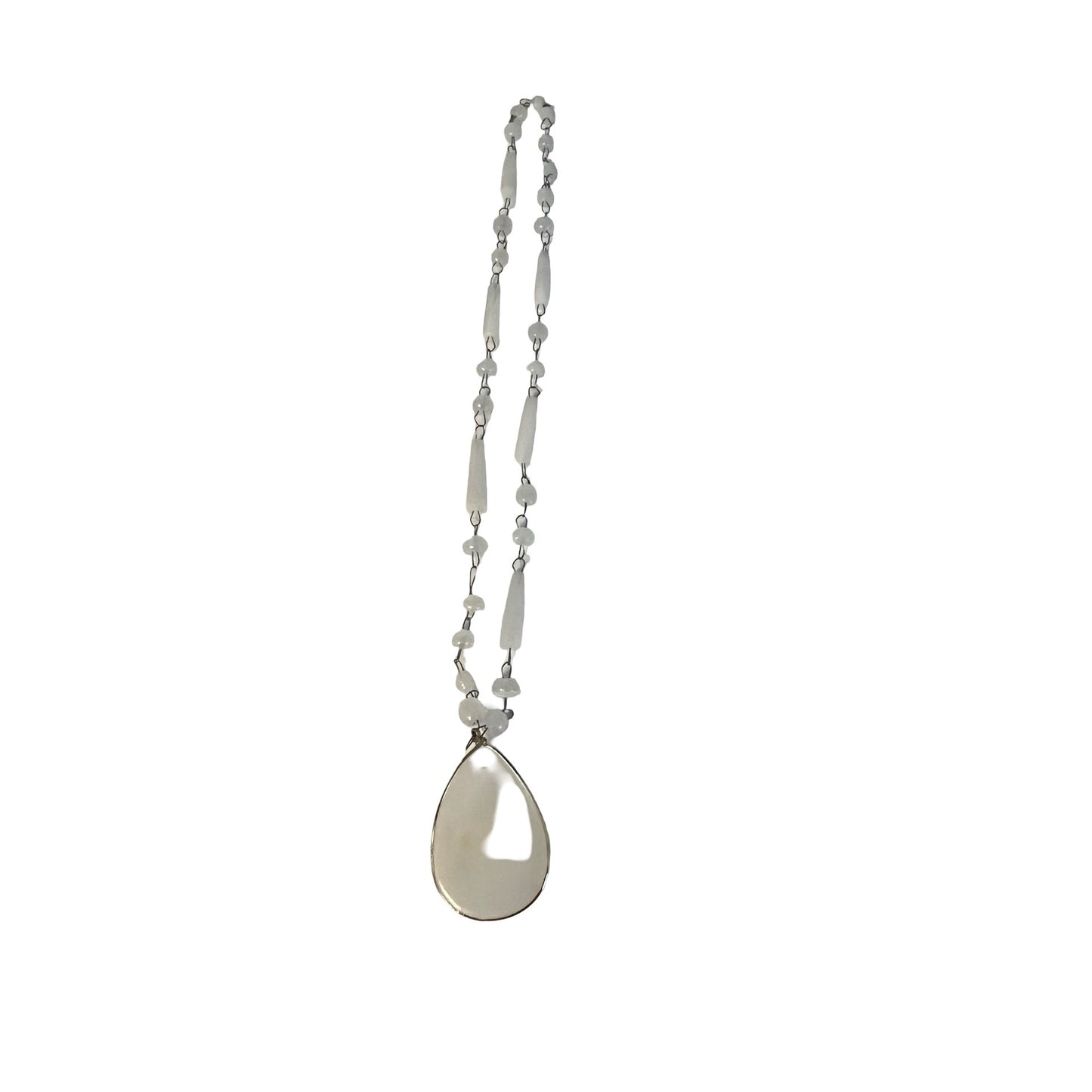 Vintage Beaded Necklace White Stone Glass Teardrop Pendant Sun Face Etched 22”