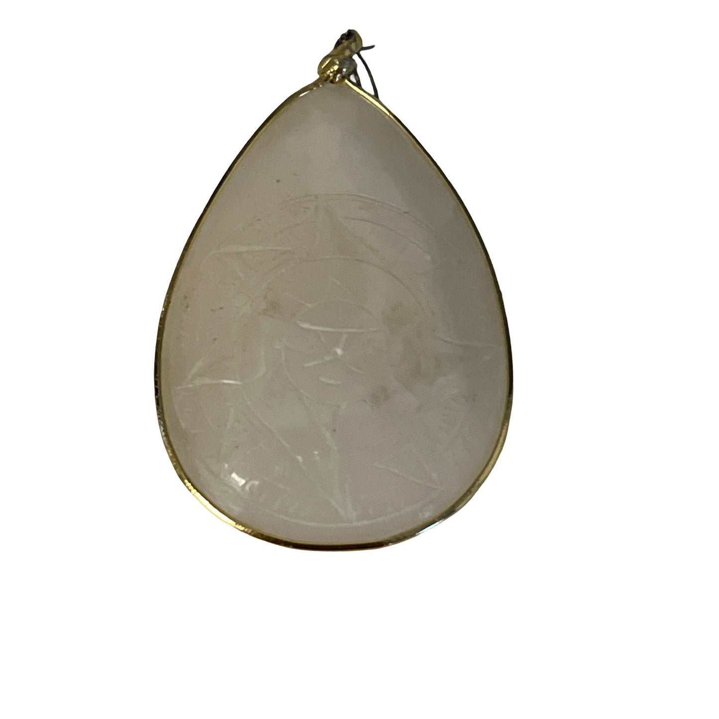 Vintage Beaded Necklace White Stone Glass Teardrop Pendant Sun Face Etched 22”