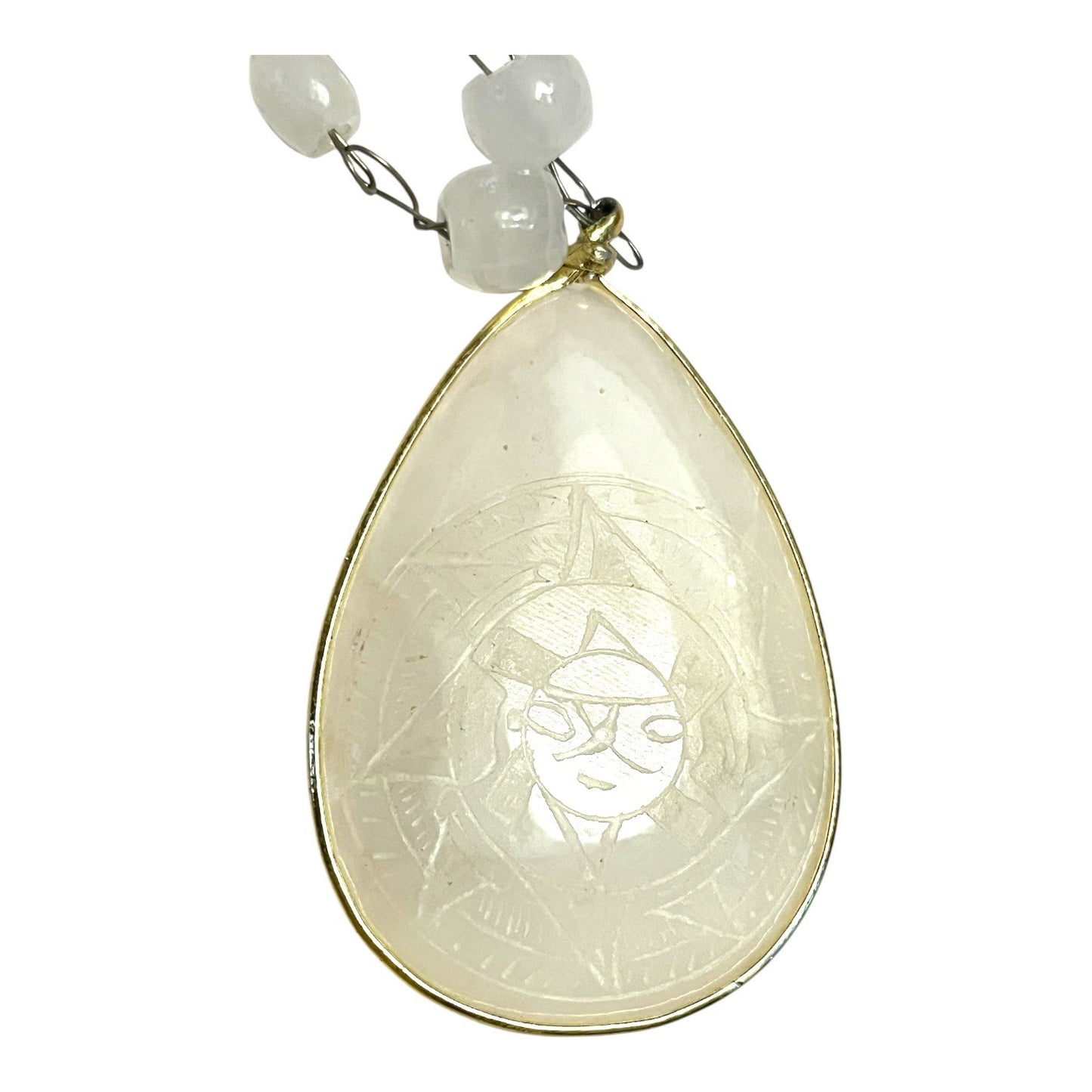 Vintage Beaded Necklace White Stone Glass Teardrop Pendant Sun Face Etched 22”