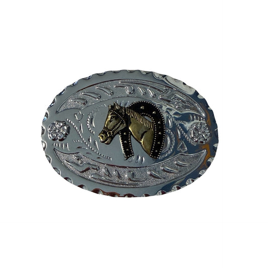 Vintage Horse Head Western Belt Buckle Silver Tone Oval Cowboy Rodeo Buckle