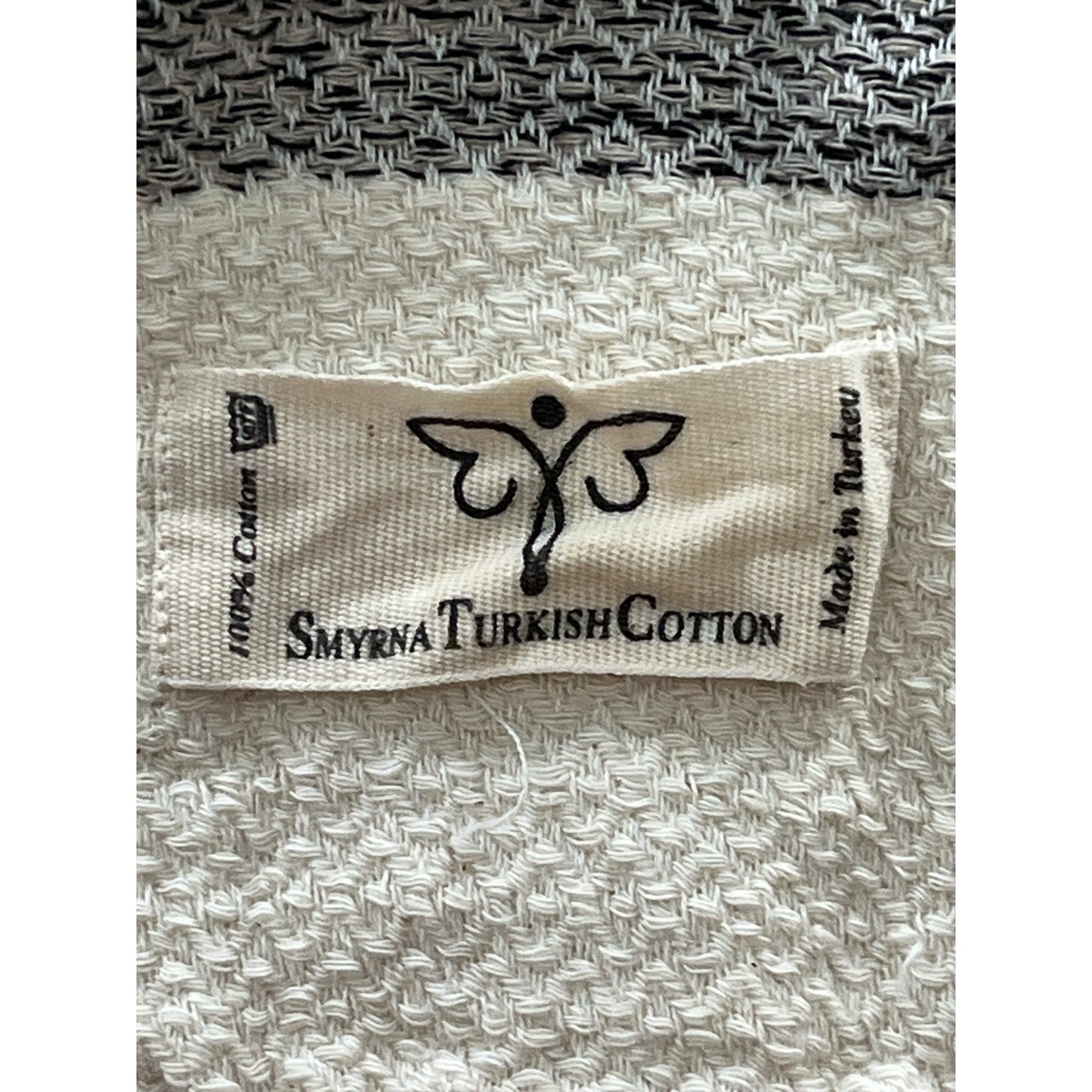 Smyrna Turkish Cotton Scarf – Black & Cream Woven Peshtemal Shawl with Fringe – 38 x 16