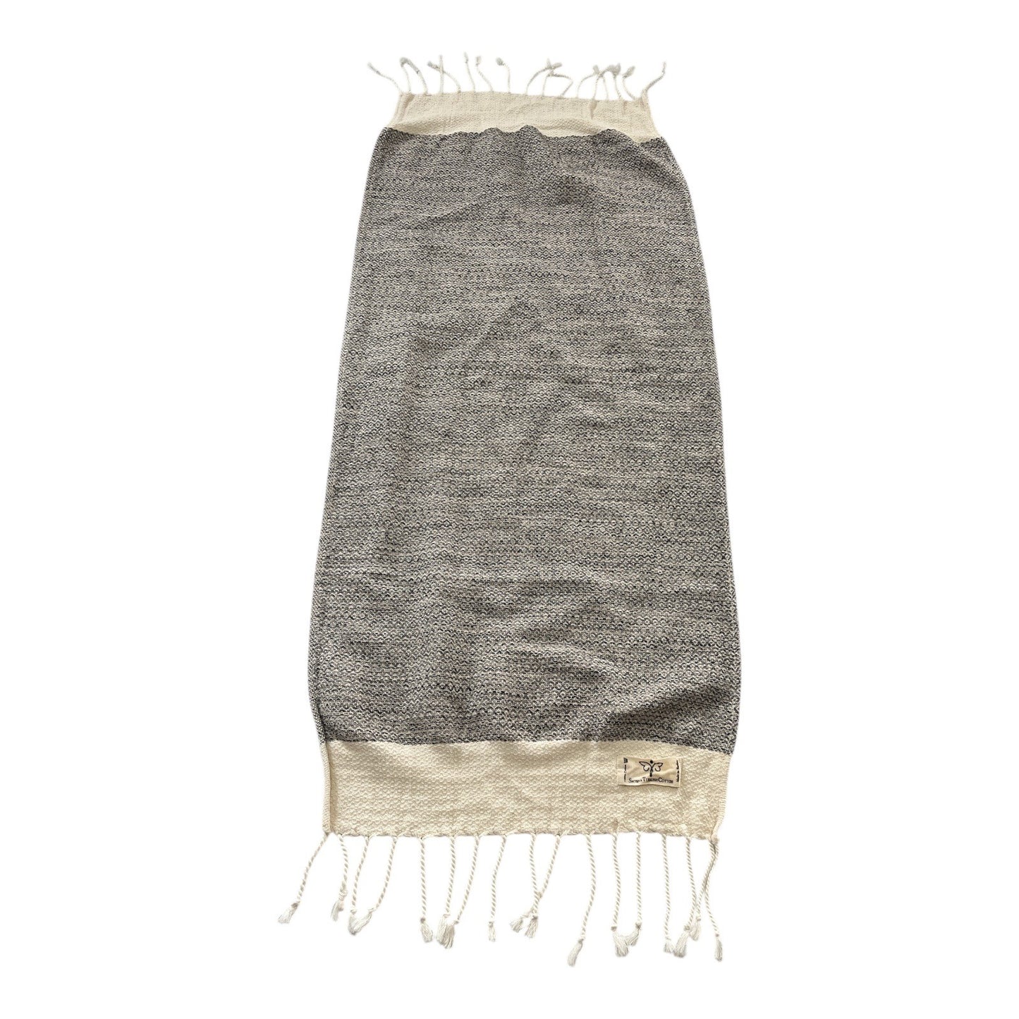 Smyrna Turkish Cotton Scarf – Black & Cream Woven Peshtemal Shawl with Fringe – 38 x 16