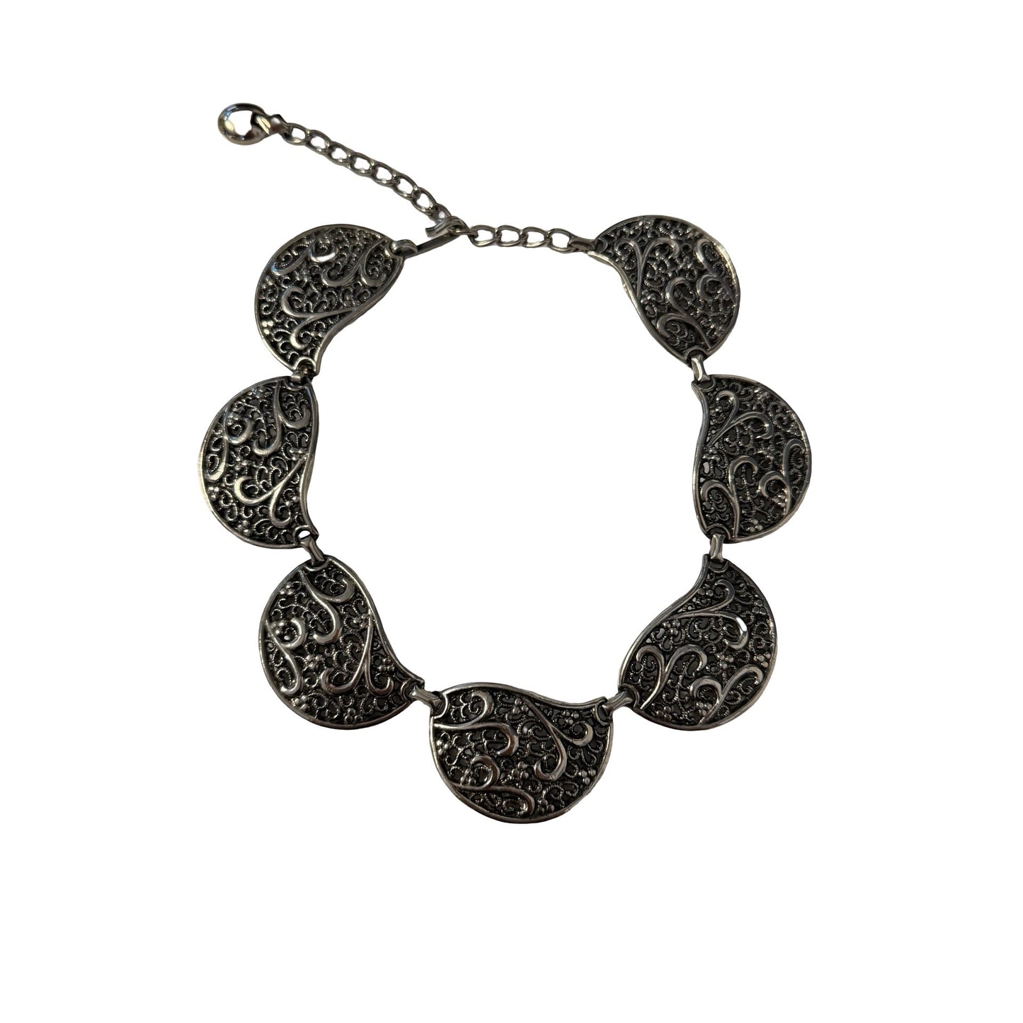 Vintage Silver Tone Filigree Statement Necklace Scrollwork Link Adjustable 10"