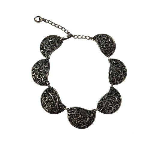 Vintage Silver Tone Filigree Statement Necklace Scrollwork Link Adjustable 10"