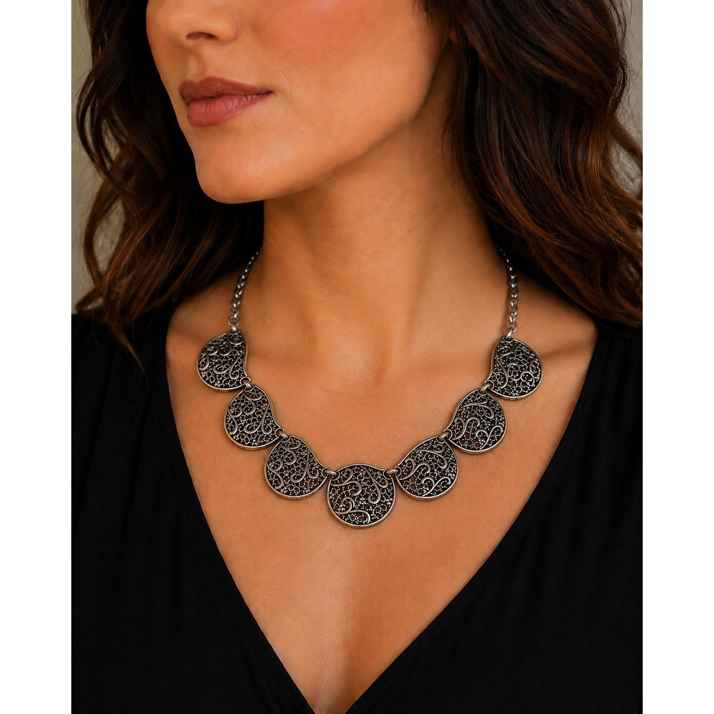 Vintage Silver Tone Filigree Statement Necklace Scrollwork Link Adjustable 10"