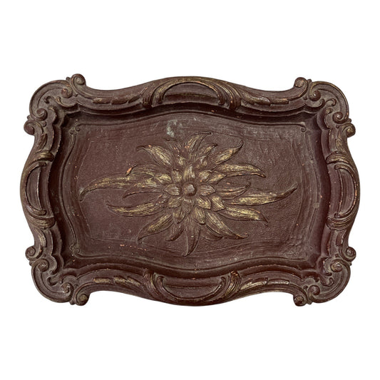 Vintage Hand-Carved Wooden Tray, Ornate Floral Design, Dark Stain, 12x8 Decorative Wood Dish