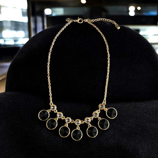 Charming Charlie Black & Gold Statement Necklace – Faceted Discs & Crystal Accents