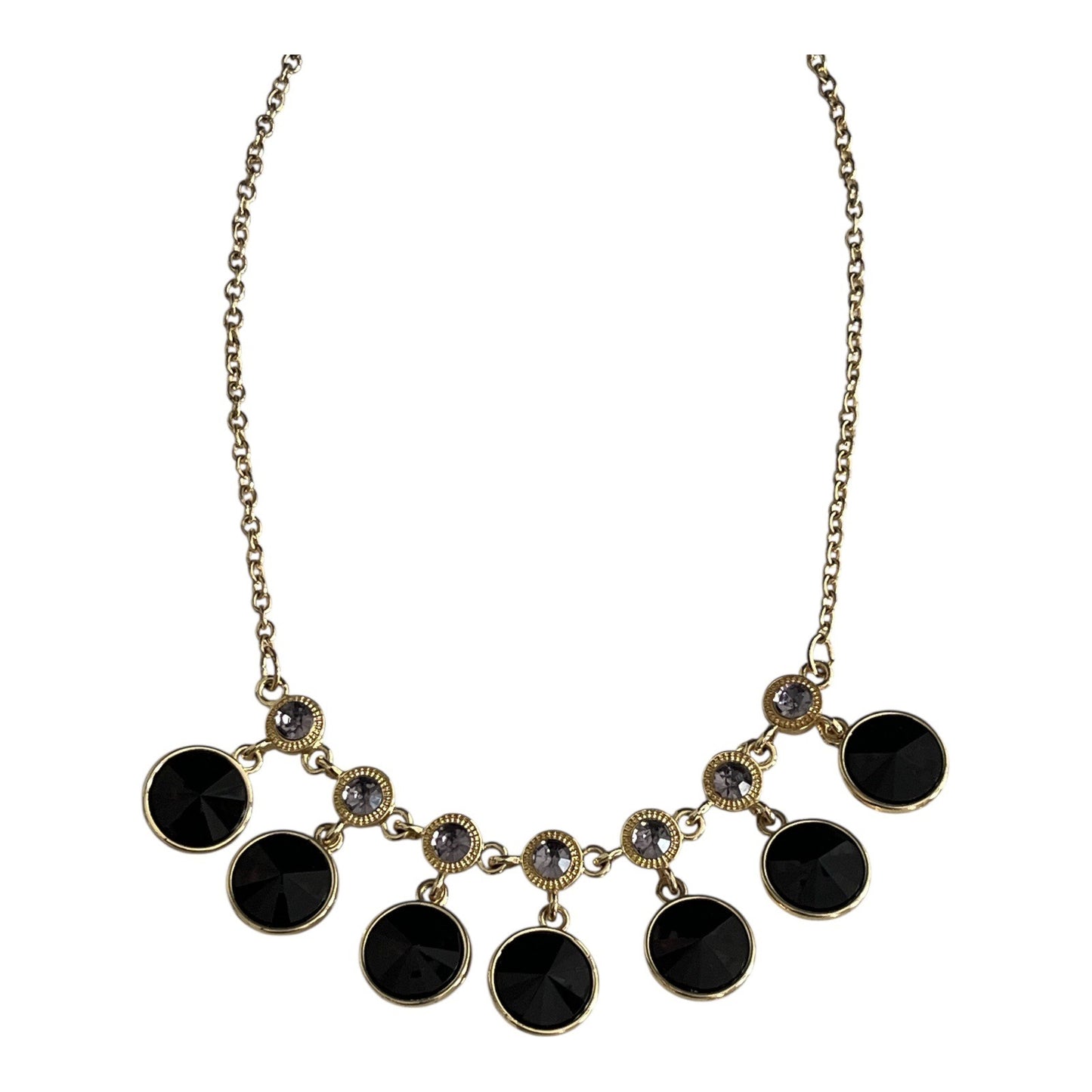 Charming Charlie Black & Gold Statement Necklace – Faceted Discs & Crystal Accents