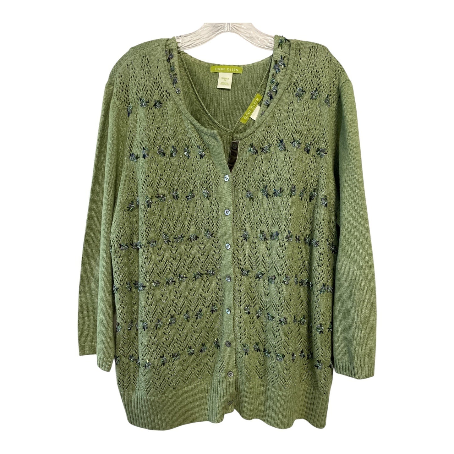 VTG Sigrid Olsen Woman 2X Green Silk Blend Cardigan & Tank Twinset – Beaded Embellished Knit with Velvet Trim