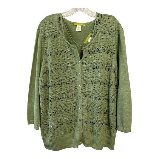 VTG Sigrid Olsen Woman 2X Green Silk Blend Cardigan & Tank Twinset – Beaded Embellished Knit with Velvet Trim