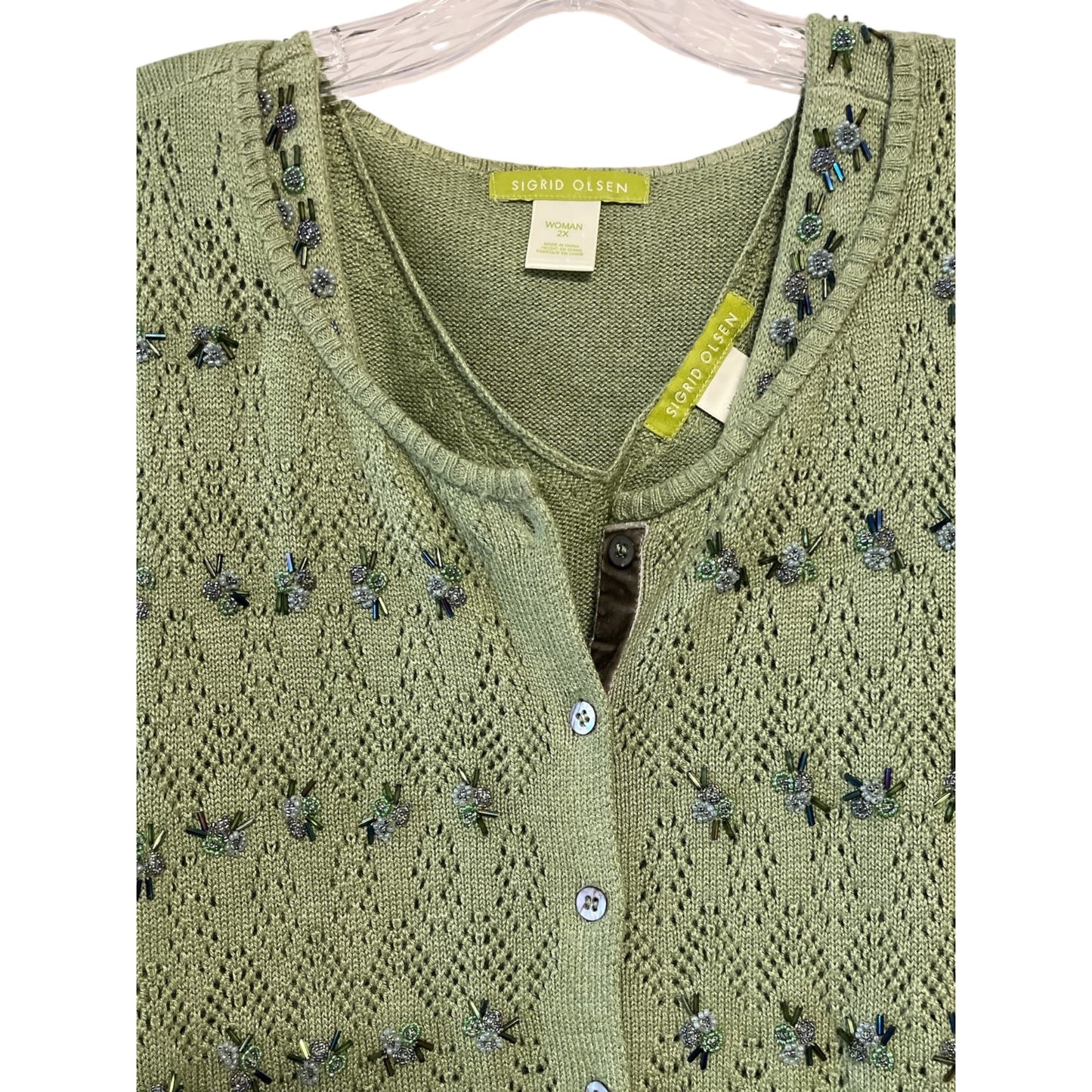 VTG Sigrid Olsen Woman 2X Green Silk Blend Cardigan & Tank Twinset – Beaded Embellished Knit with Velvet Trim