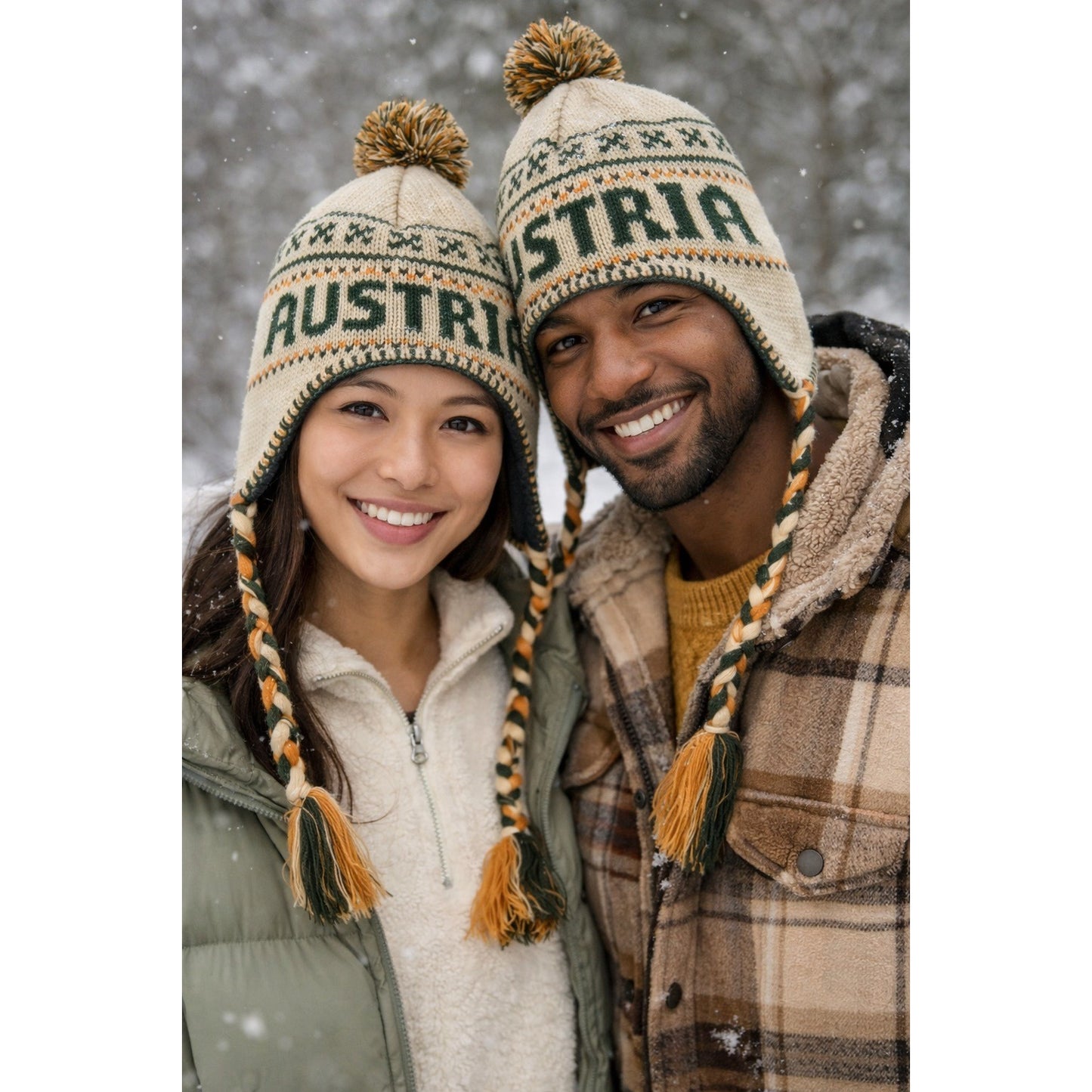 Y2K Robin Ruth Austria Knit Trapper Beanie Ear Flap Hat Pom Pom