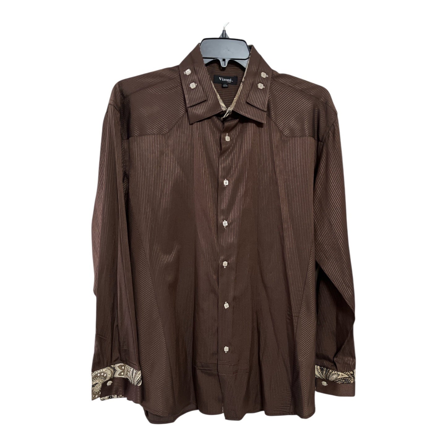 Vizioni Men’s XXXL Brown Textured Striped Dress Shirt – Paisley Trim – Square Buttons