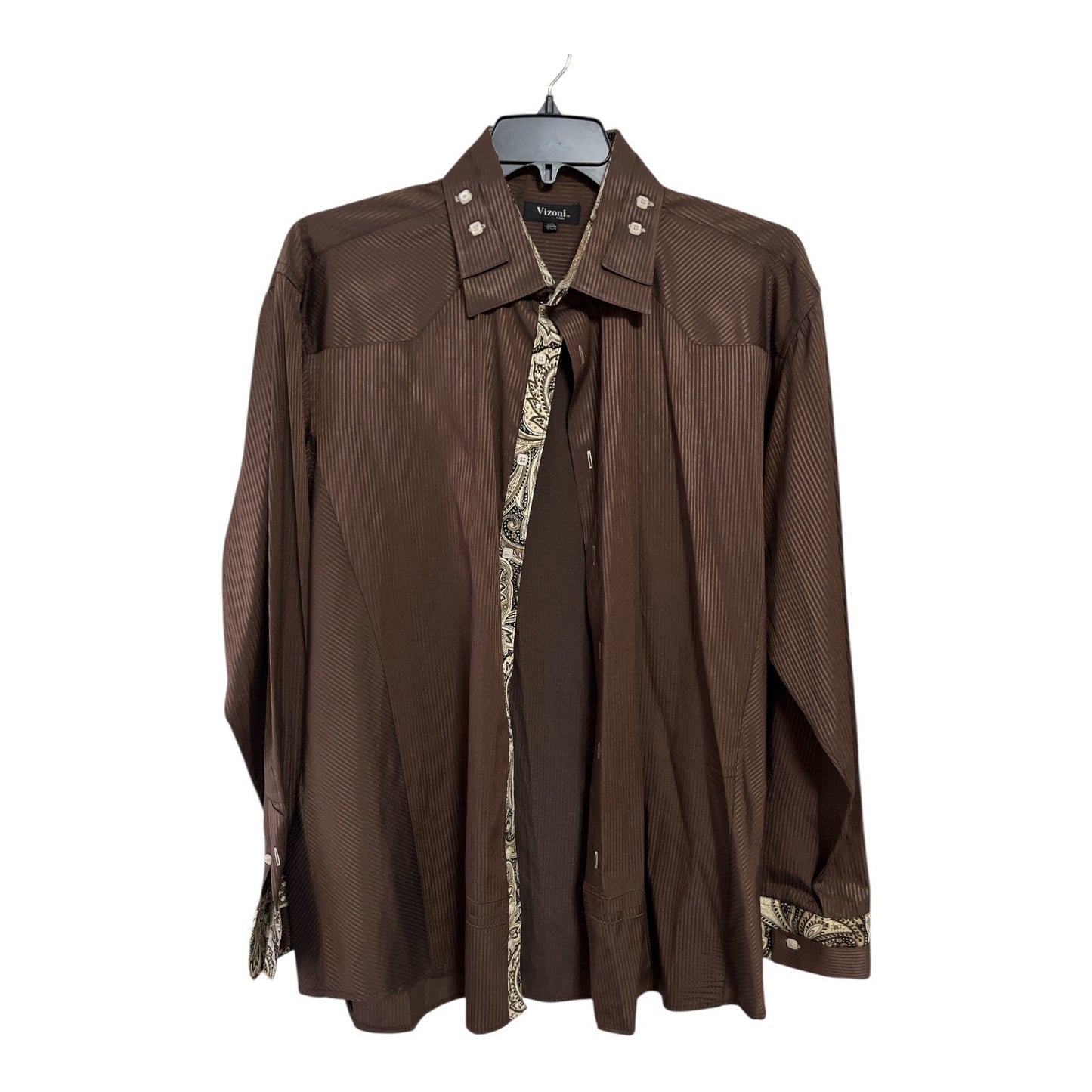 Vizioni Men’s XXXL Brown Textured Striped Dress Shirt – Paisley Trim – Square Buttons