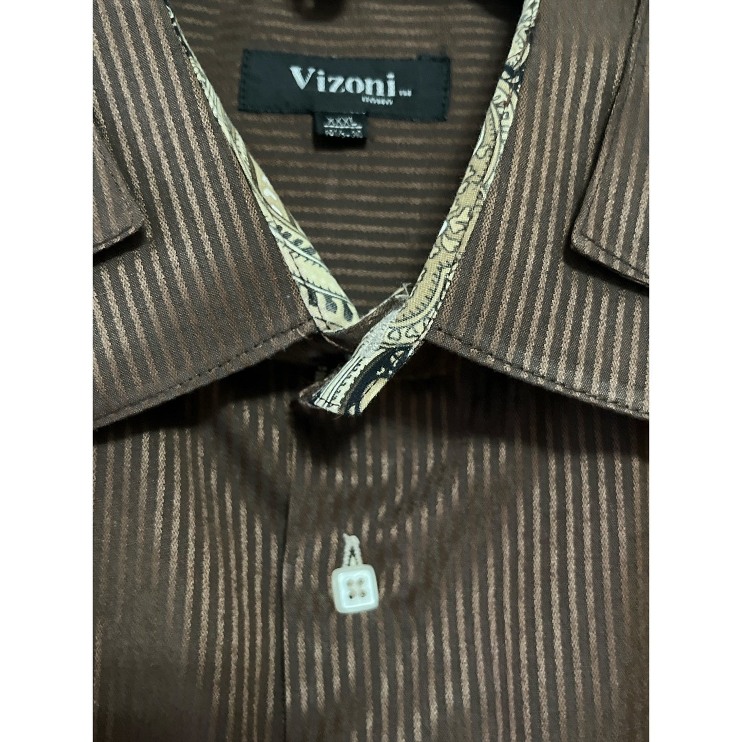 Vizioni Men’s XXXL Brown Textured Striped Dress Shirt – Paisley Trim – Square Buttons