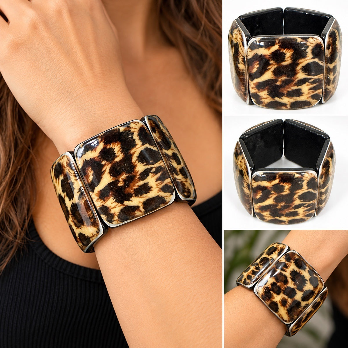 Vintage Y2K Leopard Print Wide Stretch Cuff Bracelet Chunky Animal Print Jewelry