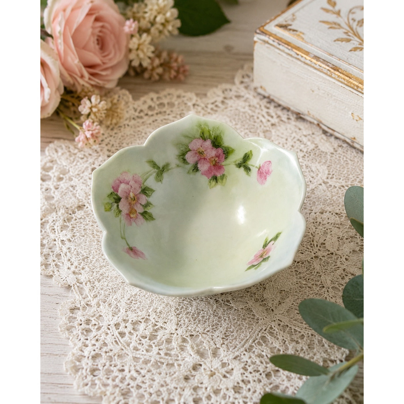 Marion Ware Hand Painted Porcelain Floral Scalloped Nut Candy Bowl Japan 4.5"