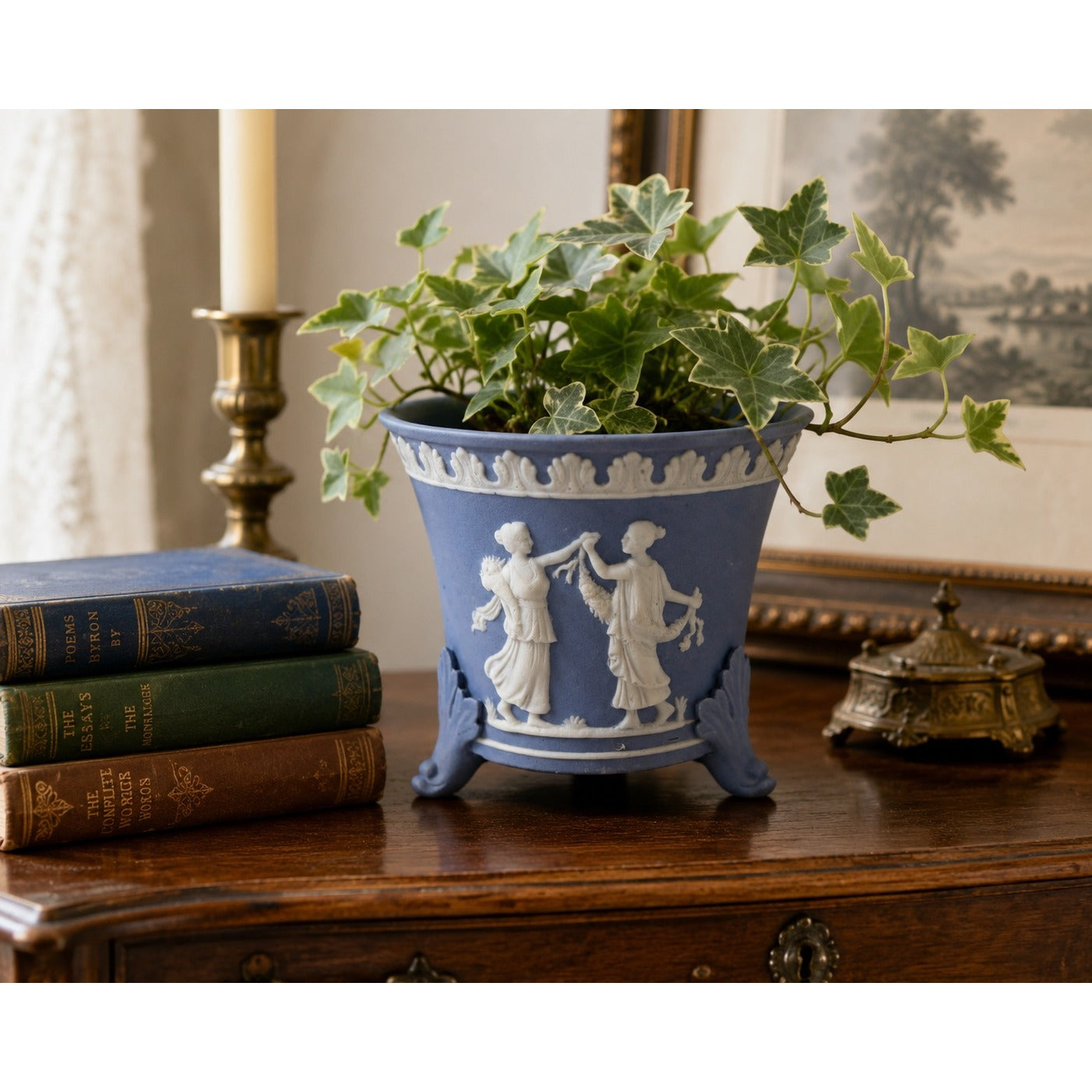 Vintage Blue Jasperware Style Footed Cache Pot Planter Vase Made in Japan 1909