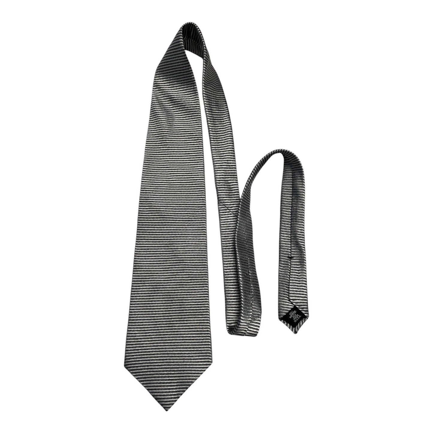AK Collection Men’s Silk Tie, Vintage 80s–90s Black Silver Stripe Necktie, 56” Made in Korea