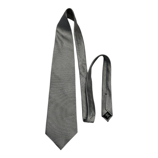 AK Collection Men’s Silk Tie, Vintage 80s–90s Black Silver Stripe Necktie, 56” Made in Korea