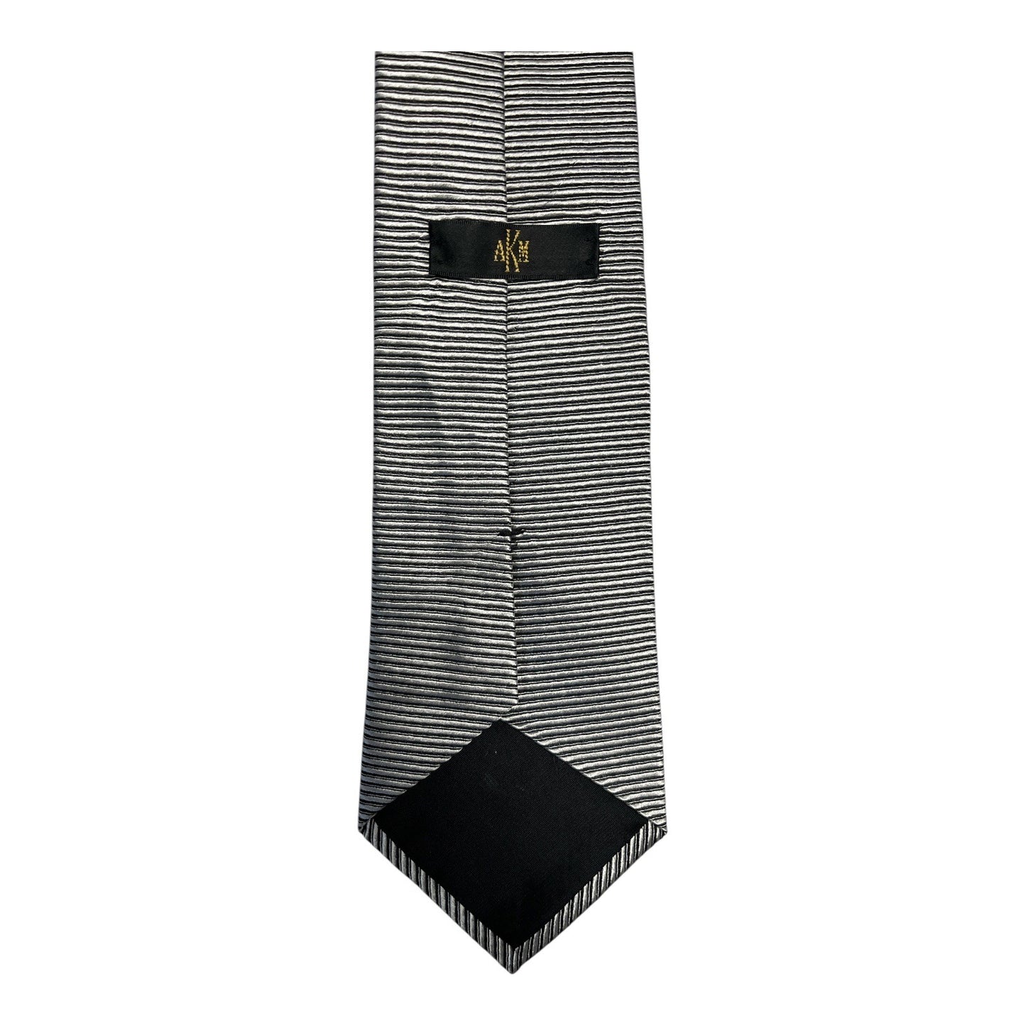AK Collection Men’s Silk Tie, Vintage 80s–90s Black Silver Stripe Necktie, 56” Made in Korea