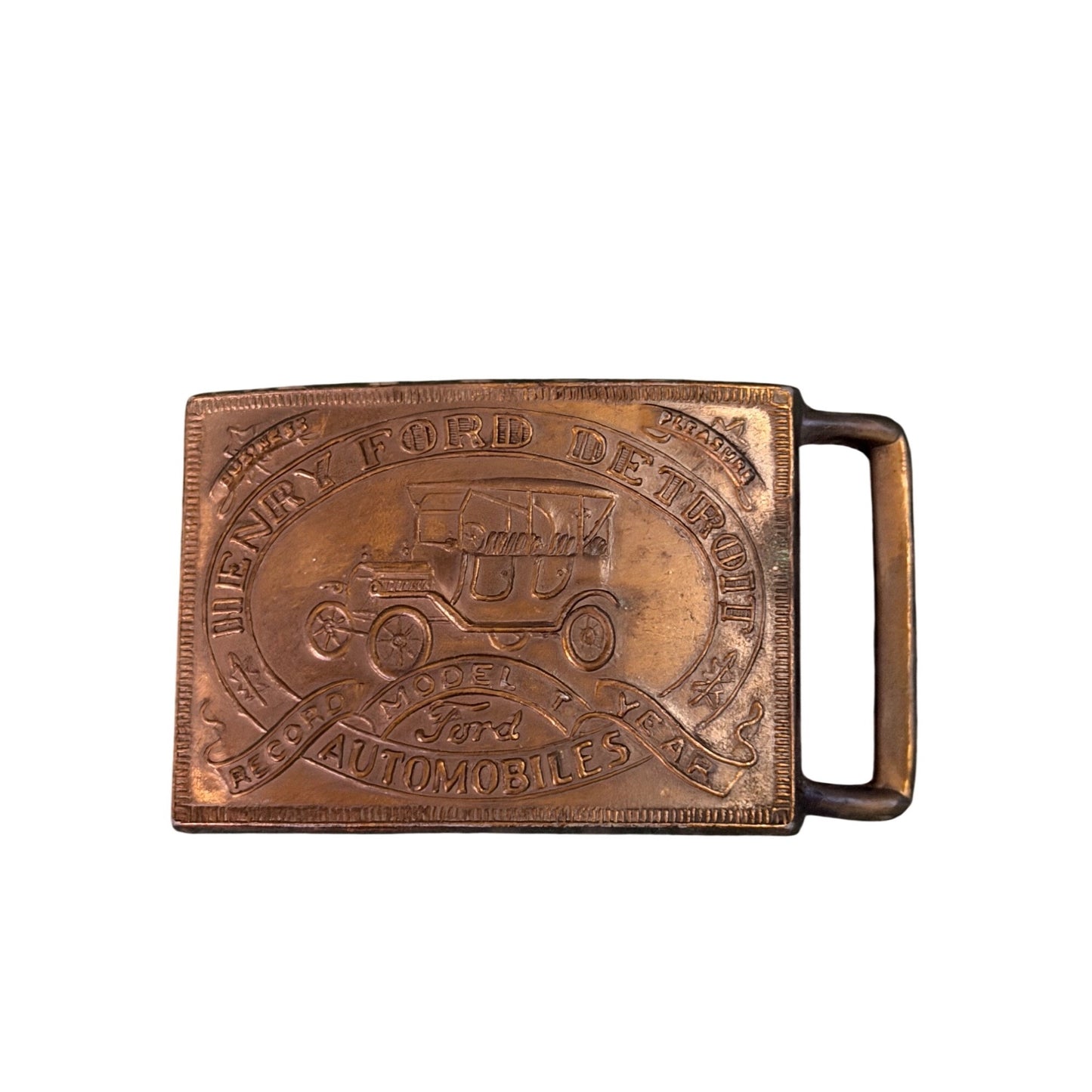 Vintage Henry Ford Detroit Model T Automobiles Belt Buckle Brass 4x2