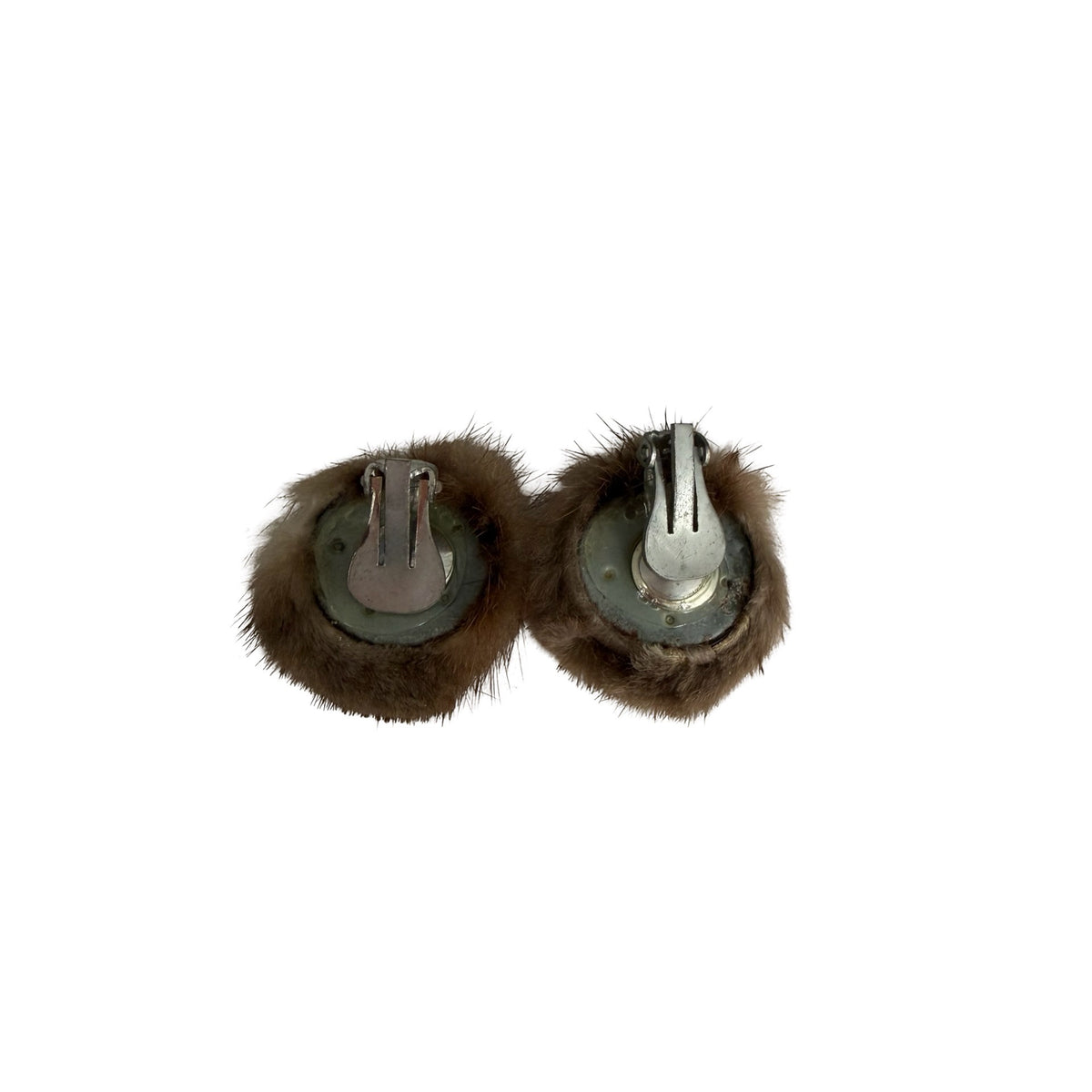 Vintage Brown Fur Pom Pom Clip On Earrings 1 Inch Mid Century Costume Jewelry