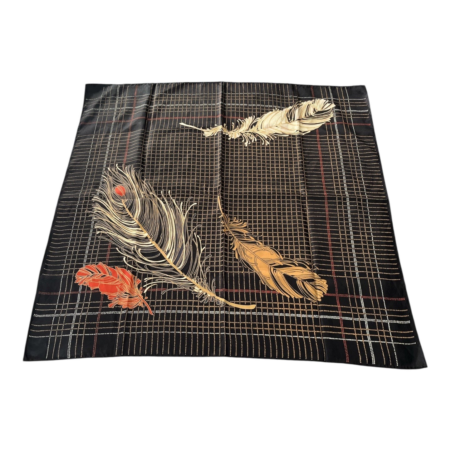 Vintage 1976 Totes Rain Scarf Water Repellent Feather Print Black Gold Red Japan 27”
