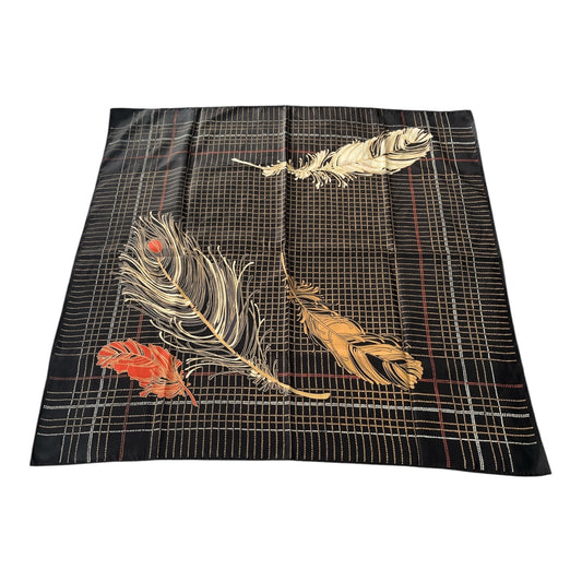 Vintage 1976 Totes Rain Scarf Water Repellent Feather Print Black Gold Red Japan 27”