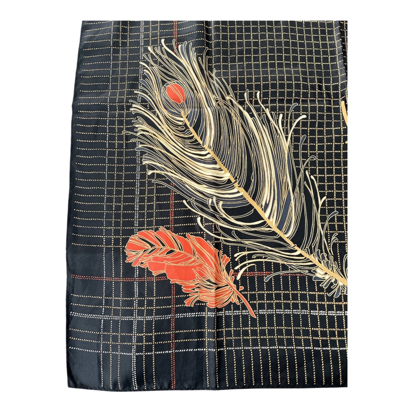 Vintage 1976 Totes Rain Scarf Water Repellent Feather Print Black Gold Red Japan 27”