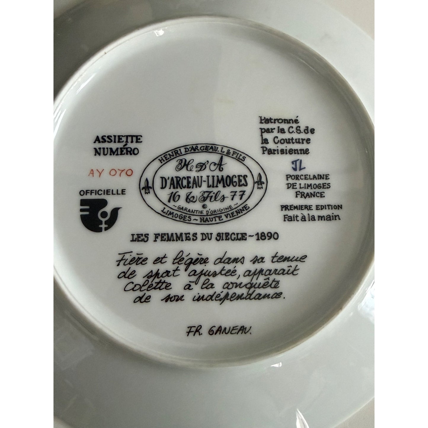 D'Arceau Limoges Les Femmes du Siècle 1890 Colette Collector Plate Fr Ganeau 1976