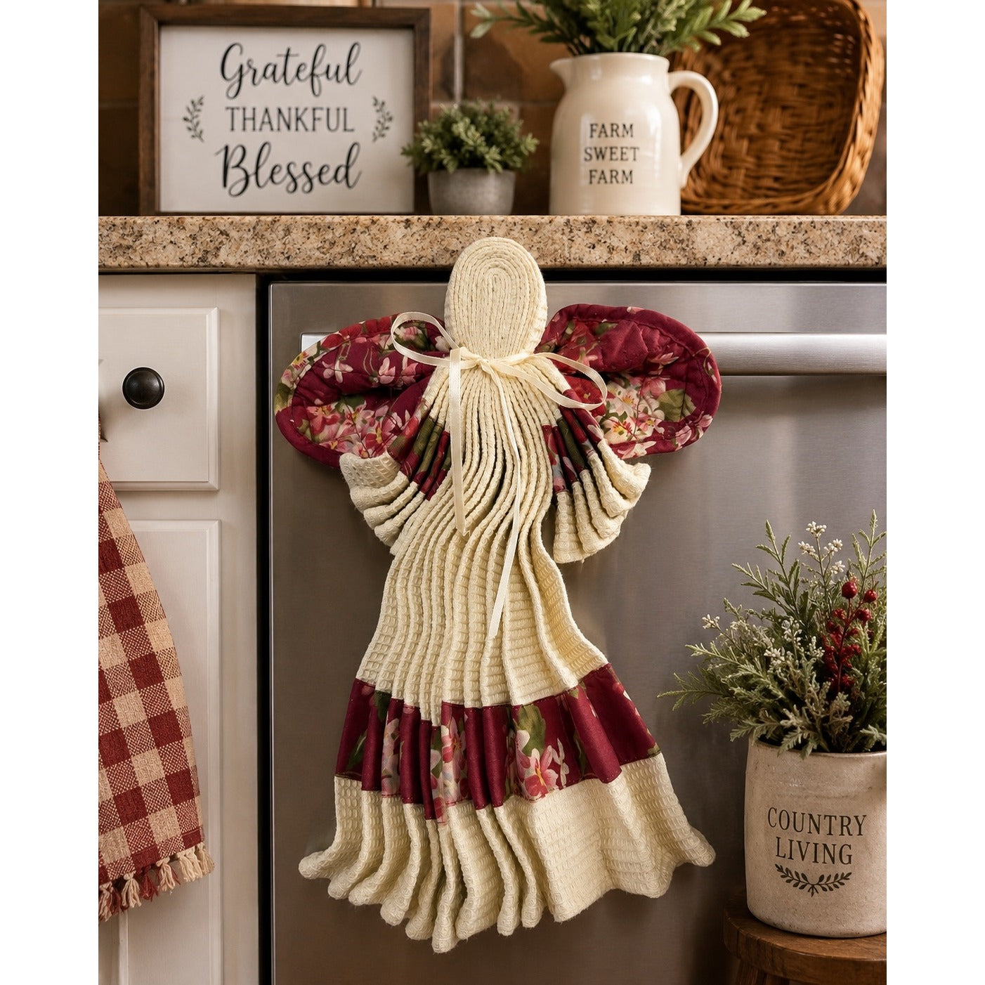 Great Finds Collection Good Friends Handmade Hanging Kitchen Towel Angel Burgundy Floral Country Decor