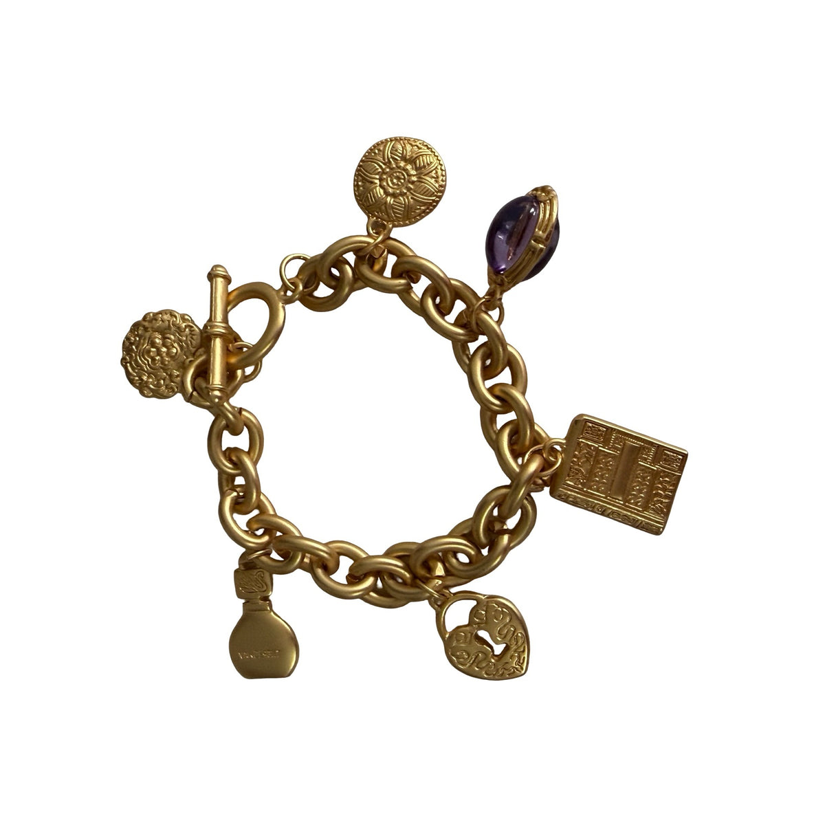 Gloria Vanderbilt Vintage Gold Tone Signature Charm Bracelet Purple Cabochon 8"