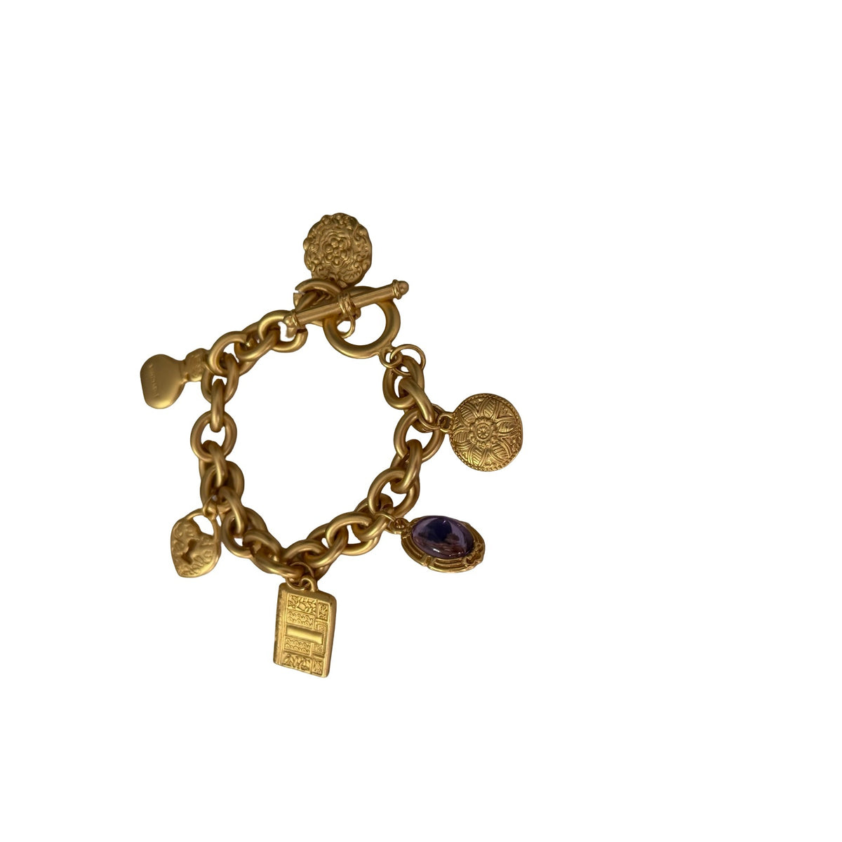 Gloria Vanderbilt Vintage Gold Tone Signature Charm Bracelet Purple Cabochon 8"