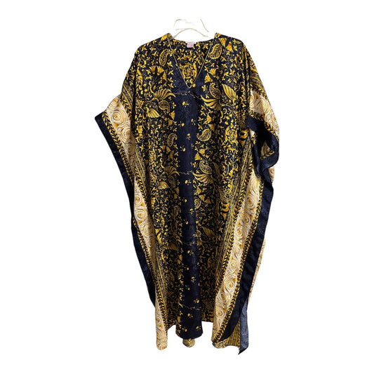 Vintage Intimate Options Baroque Print Caftan One Size Lounge Robe Navy Gold
