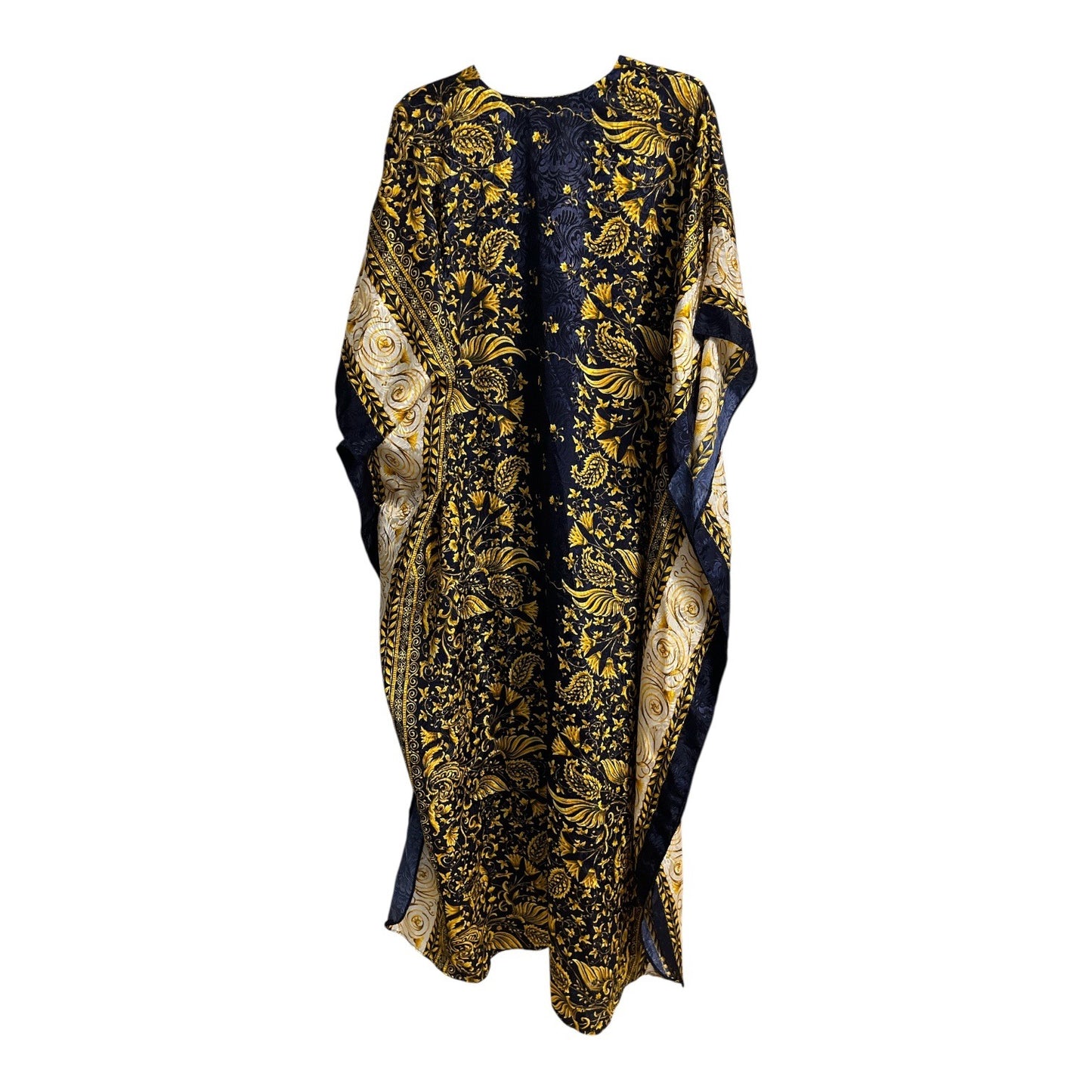 Vintage Intimate Options Baroque Print Caftan One Size Lounge Robe Navy Gold