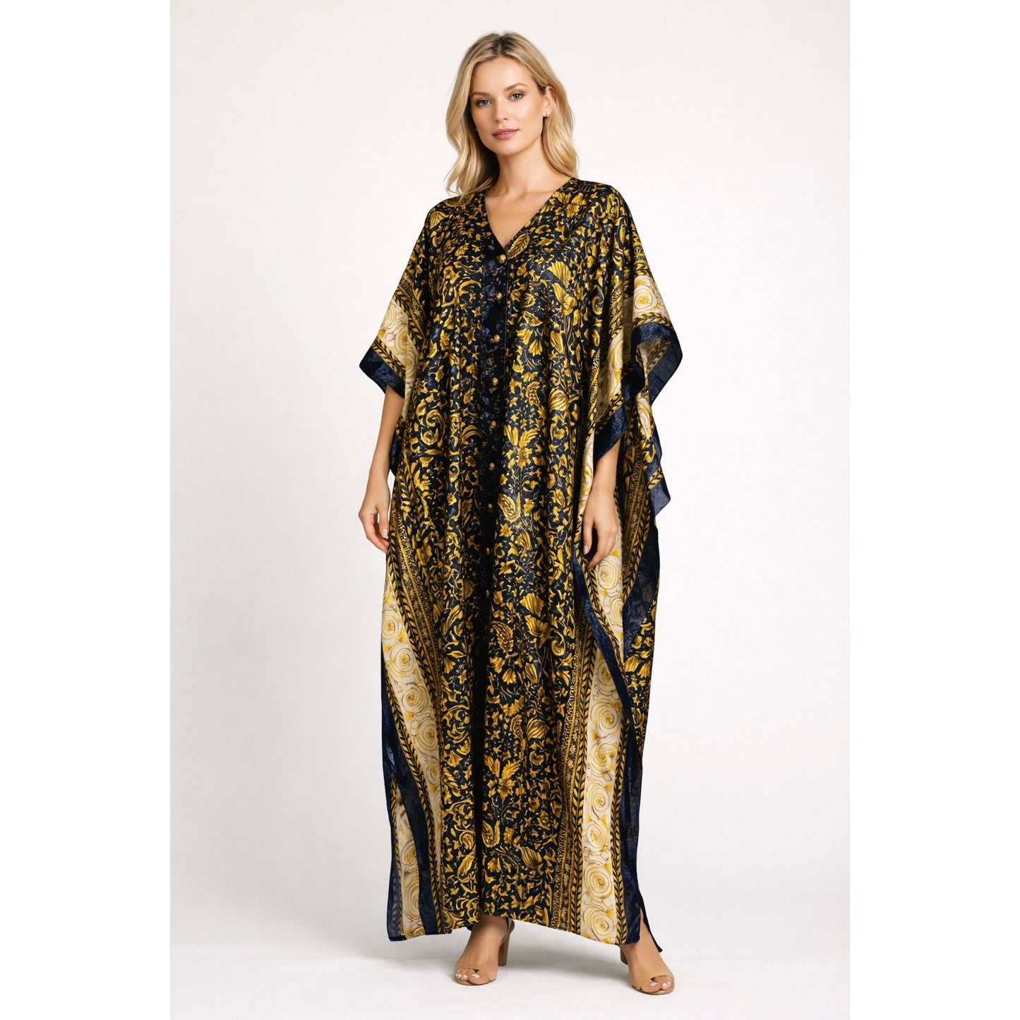 Vintage Intimate Options Baroque Print Caftan One Size Lounge Robe Navy Gold