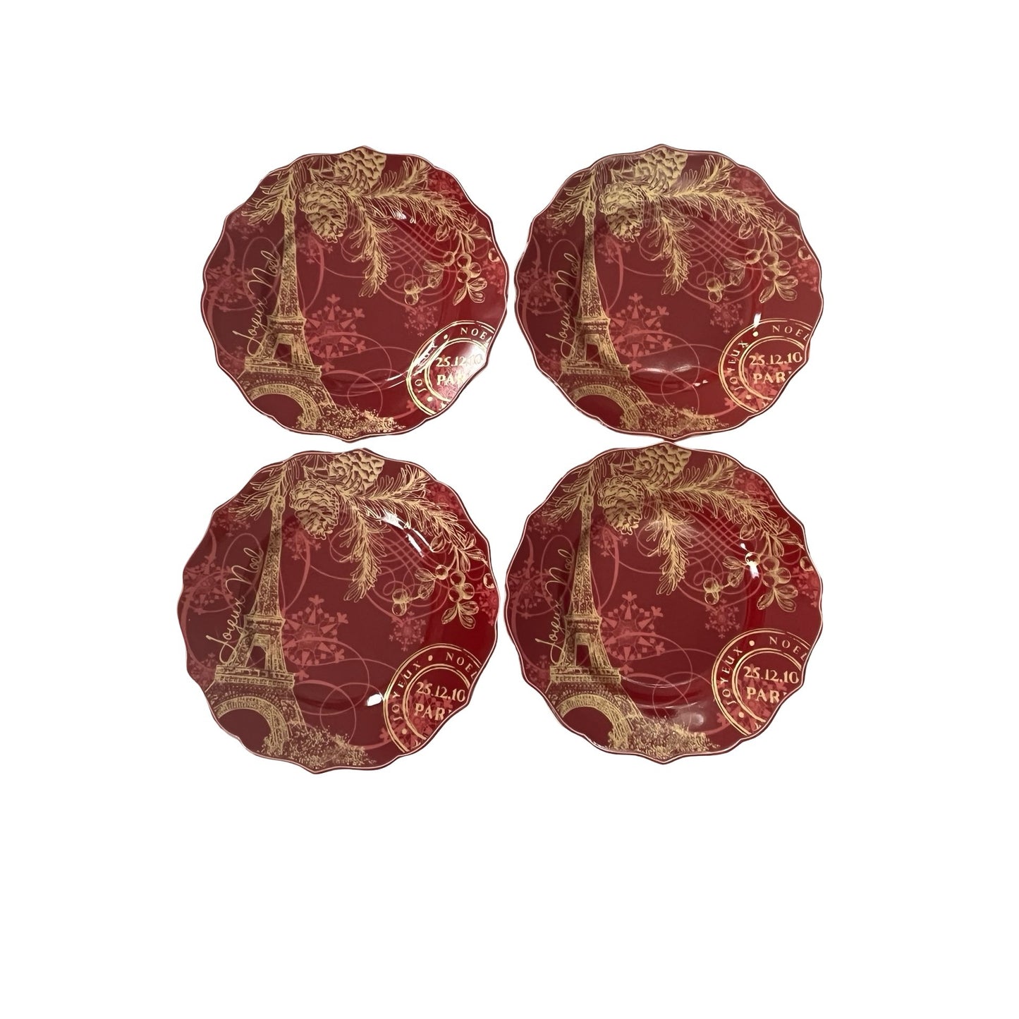 222 Fifth Joyeux Noel Gold Salad Plates Set of 4 Red Eiffel Tower Christmas 8.25 Inch