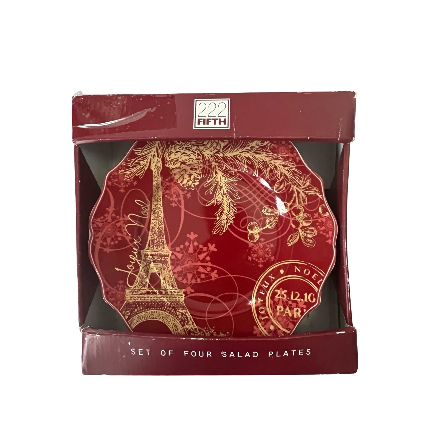 222 Fifth Joyeux Noel Gold Salad Plates Set of 4 Red Eiffel Tower Christmas 8.25 Inch