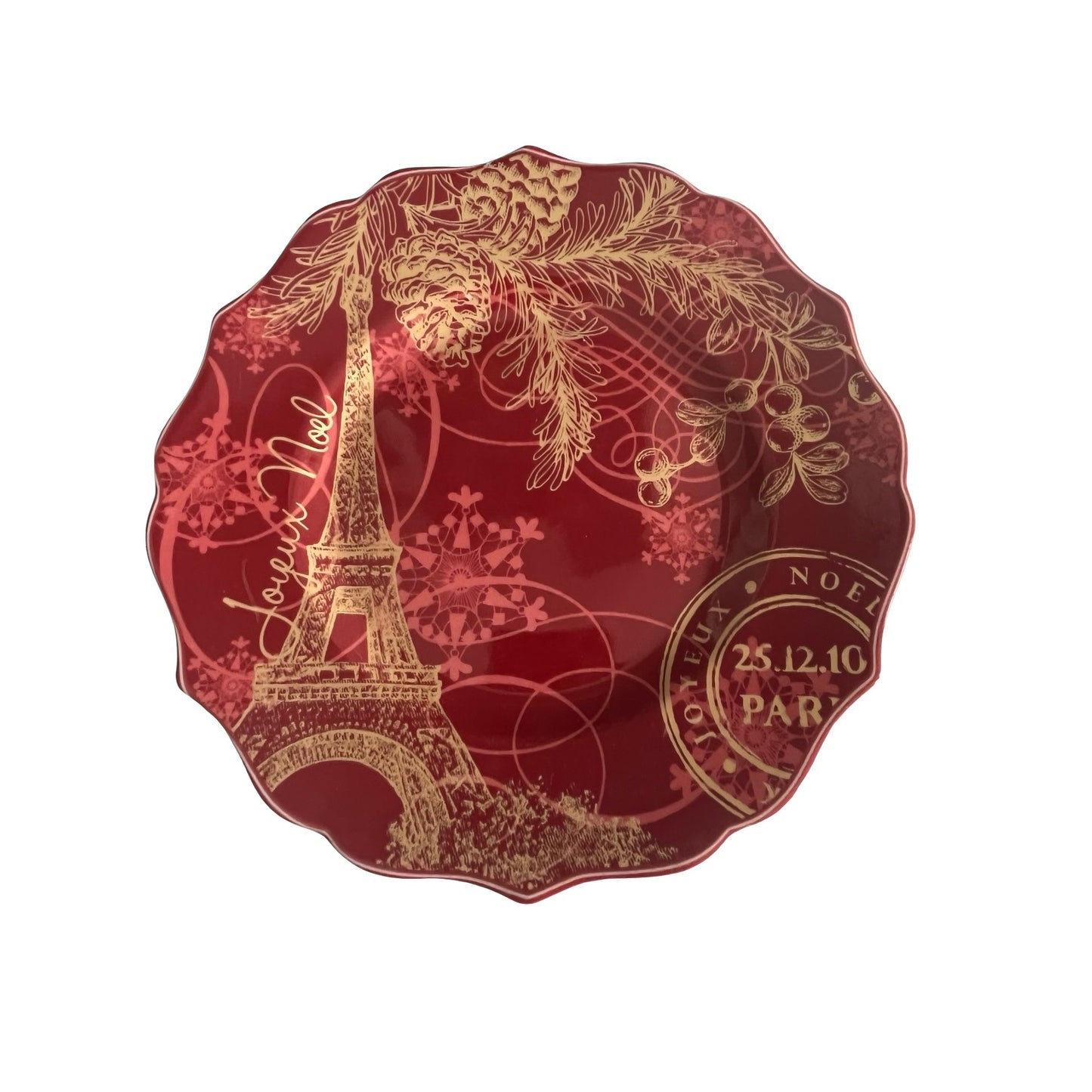 222 Fifth Joyeux Noel Gold Salad Plates Set of 4 Red Eiffel Tower Christmas 8.25 Inch