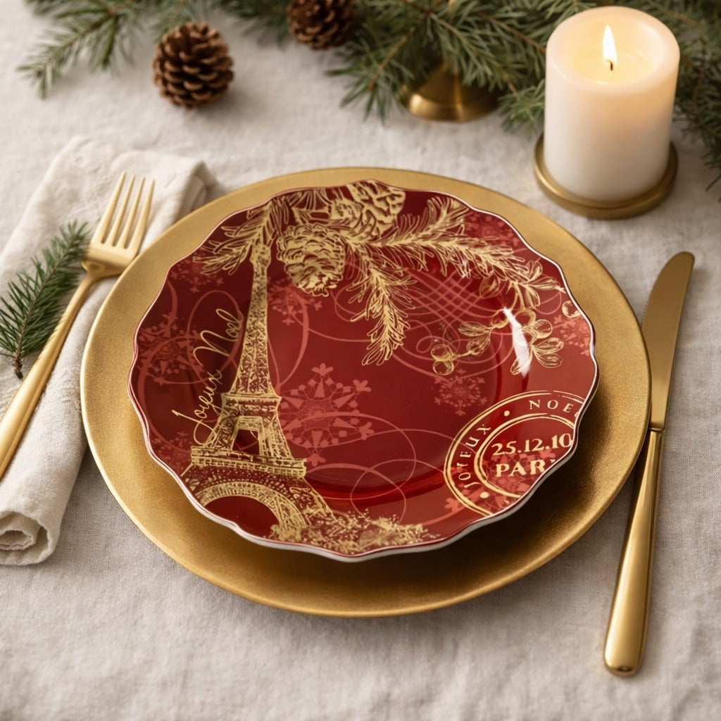 222 Fifth Joyeux Noel Gold Salad Plates Set of 4 Red Eiffel Tower Christmas 8.25 Inch
